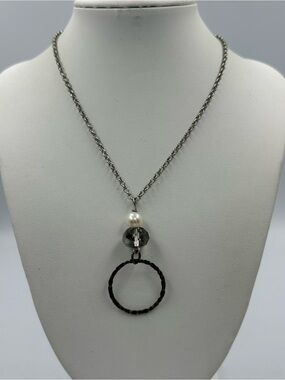 Faux Pearl and Beaded Hoop Pendant on Silver Tone Chain Simple Capsule Mixed